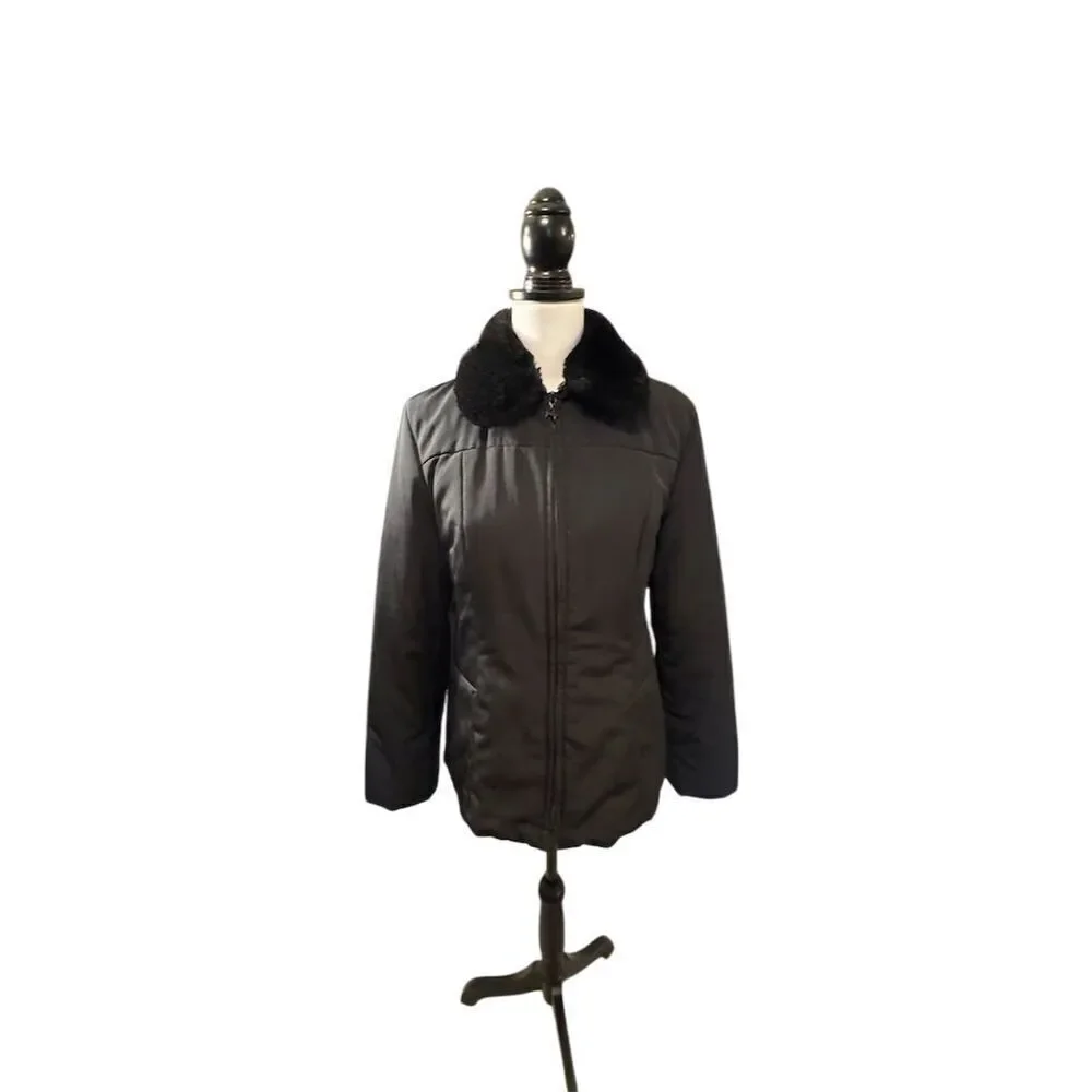 Jones New York Women's Black Jacket Faux Fur Collar Size Small